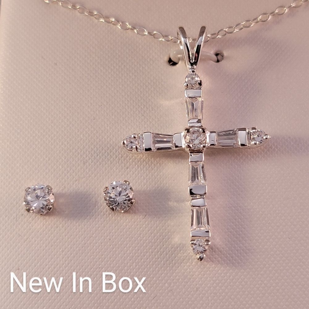 Sterling Clear CZ Cross Pendant Necklace & Stud Earrings Set - …